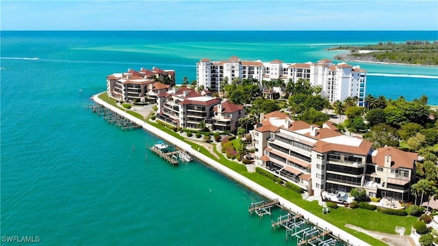 drone / aerial view featuring a water view