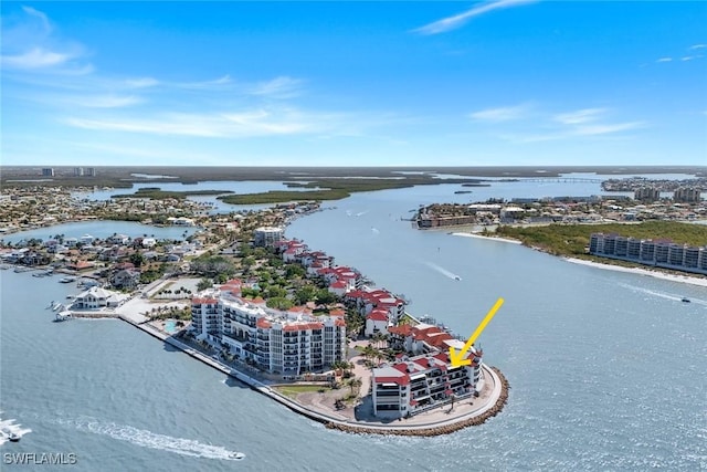 aerial view with a view of city and a water view