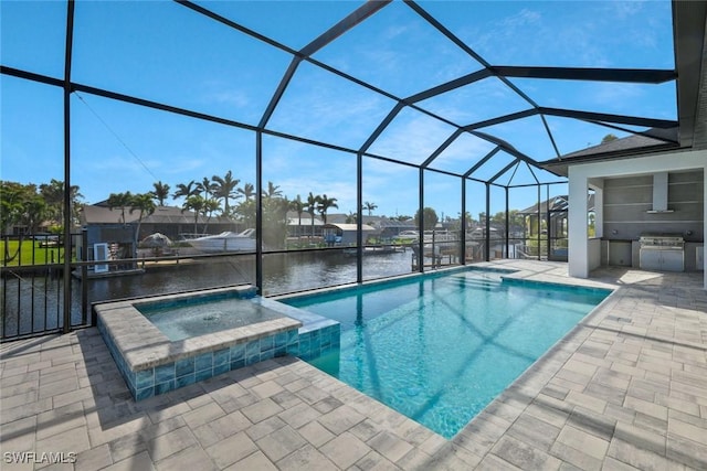 outdoor pool featuring a water view, a lanai, area for grilling, an in ground hot tub, and a patio