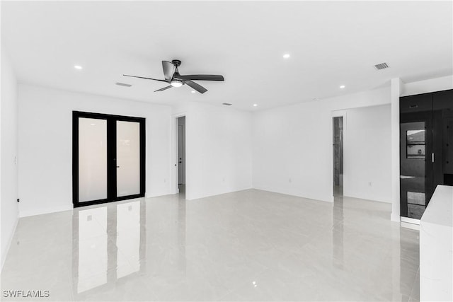 unfurnished room with recessed lighting, french doors, visible vents, and ceiling fan