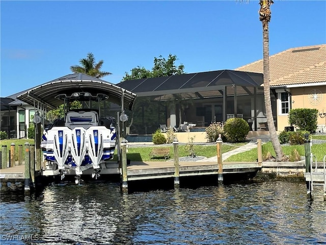 view of dock featuring glass enclosure and a water view