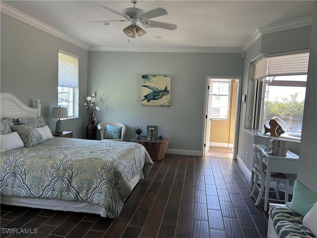 bedroom featuring a ceiling fan, wood tiled floor, crown molding, and baseboards