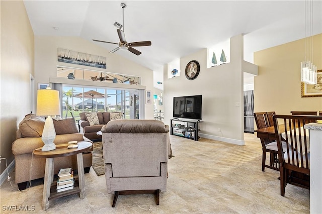 living area with visible vents, baseboards, high vaulted ceiling, and ceiling fan