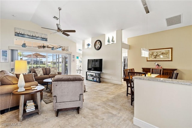 living area featuring baseboards, a ceiling fan, visible vents, and high vaulted ceiling