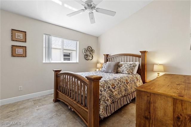 bedroom with ceiling fan, baseboards, and lofted ceiling