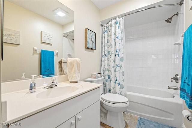 bathroom with tile patterned flooring, shower / bath combination with curtain, toilet, and vanity