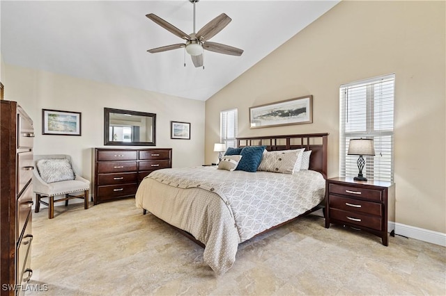 bedroom featuring high vaulted ceiling, baseboards, and ceiling fan