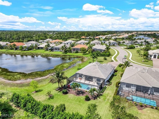 bird's eye view featuring a water view and a residential view