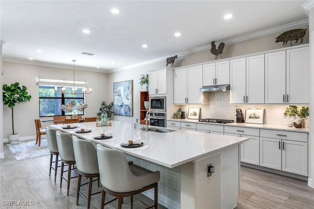 kitchen featuring ornamental molding, appliances with stainless steel finishes, a large island with sink, and tasteful backsplash