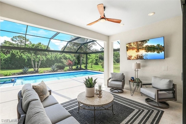 exterior space featuring ceiling fan and a sunroom