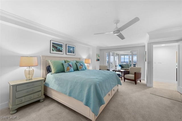 bedroom with ceiling fan, crown molding, baseboards, and light carpet