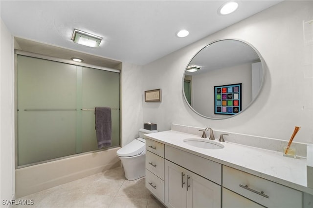 bathroom with tile patterned flooring, toilet, recessed lighting, shower / bath combination with glass door, and vanity