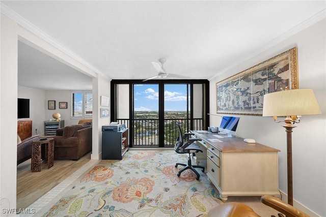 office with expansive windows, wood finished floors, and crown molding