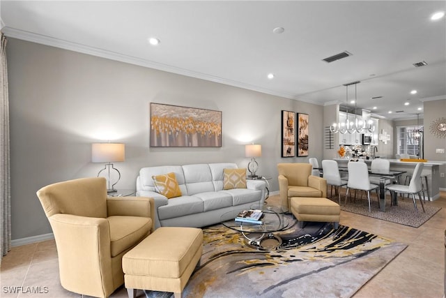 living room with ornamental molding, recessed lighting, visible vents, and light tile patterned flooring