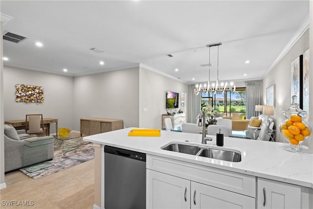 kitchen with visible vents, stainless steel dishwasher, open floor plan, a sink, and a chandelier