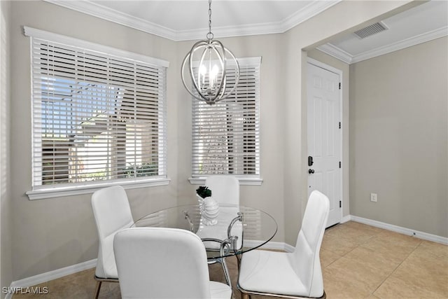 dining space featuring an inviting chandelier, baseboards, visible vents, and crown molding