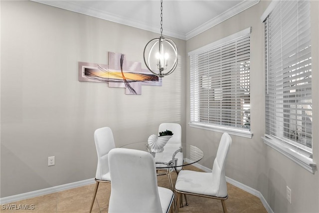 tiled dining room featuring baseboards, ornamental molding, and a notable chandelier