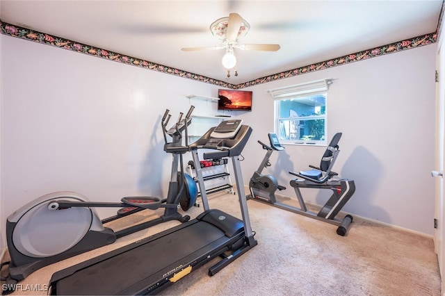 workout area featuring carpet flooring, baseboards, and a ceiling fan