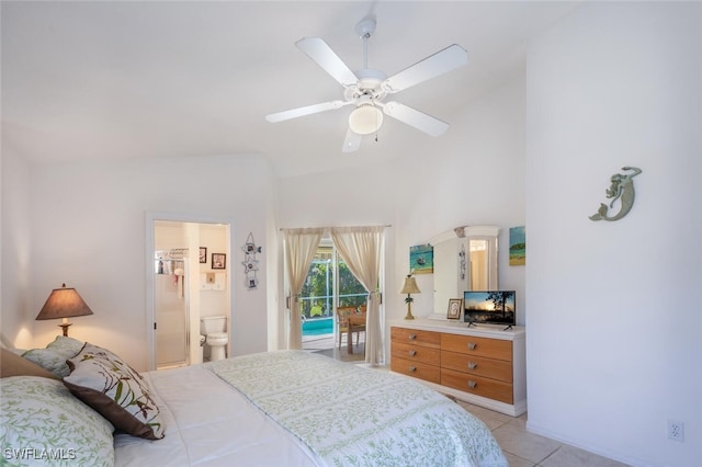 bedroom with light tile patterned floors, ensuite bathroom, a ceiling fan, and access to outside