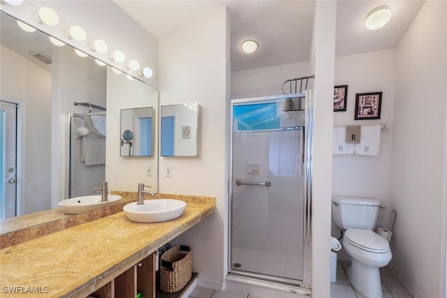 bathroom with vanity, visible vents, a stall shower, tile patterned floors, and toilet