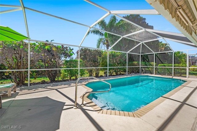 outdoor pool with a patio area and a lanai