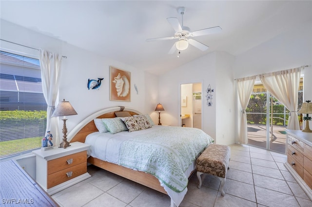 bedroom with vaulted ceiling, access to outside, a ceiling fan, and connected bathroom