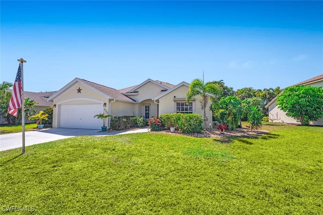 view of front of home with concrete driveway, an attached garage, a front yard, and stucco siding