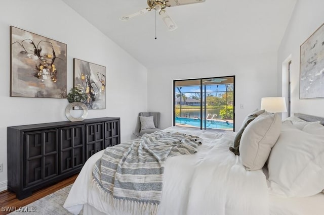 bedroom with a sunroom, vaulted ceiling, wood finished floors, a ceiling fan, and access to outside