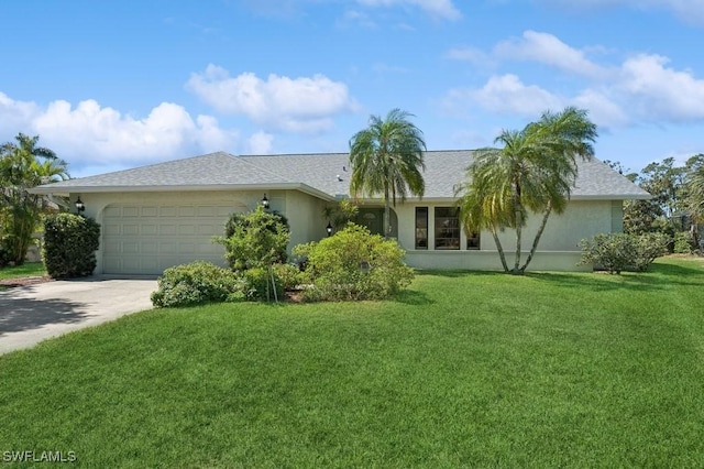 ranch-style home with a shingled roof, a front lawn, stucco siding, a garage, and driveway