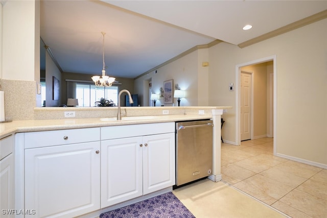 kitchen with white cabinets, dishwasher, a sink, crown molding, and a notable chandelier