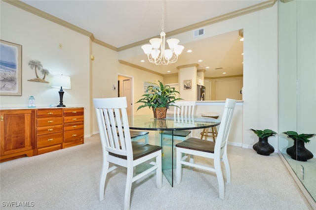 dining room featuring crown molding, recessed lighting, visible vents, an inviting chandelier, and light carpet