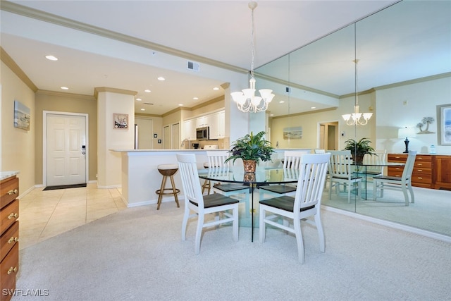 dining area with light carpet, baseboards, visible vents, a notable chandelier, and recessed lighting