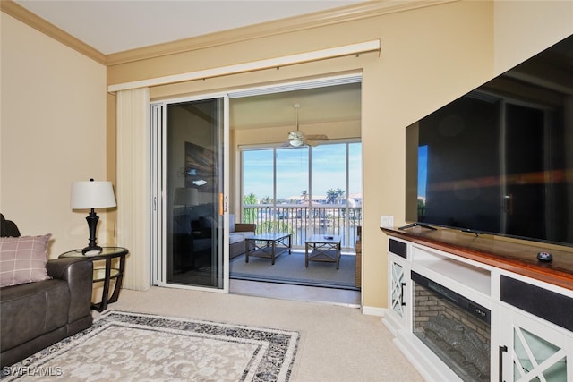 carpeted living area with crown molding