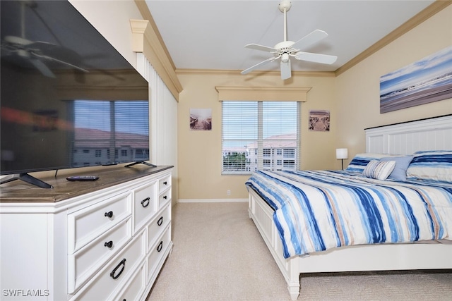 bedroom with light carpet, baseboards, and crown molding