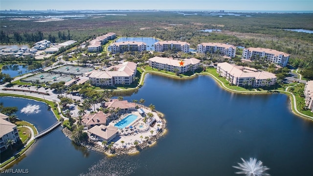 drone / aerial view featuring a water view