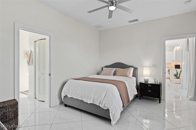 bedroom with visible vents, marble finish floor, and ceiling fan