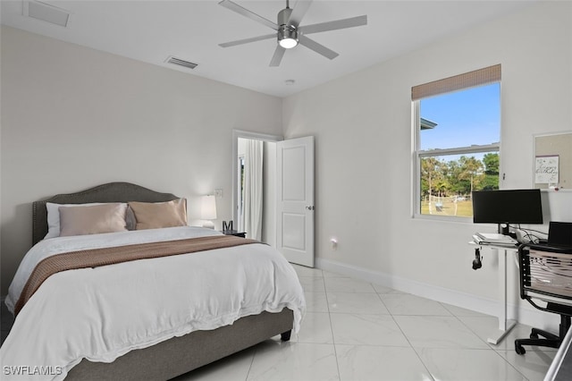 bedroom with visible vents, baseboards, marble finish floor, and a ceiling fan