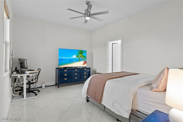 bedroom with baseboards, marble finish floor, and ceiling fan