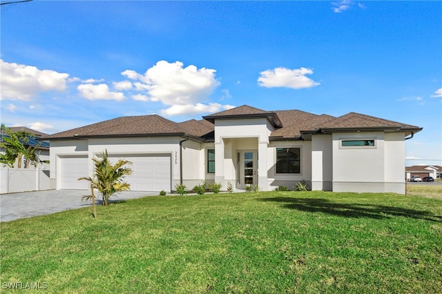 prairie-style home with a garage, a front yard, decorative driveway, and stucco siding