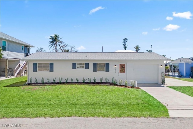 ranch-style home with an attached garage, a front lawn, stairway, stucco siding, and driveway