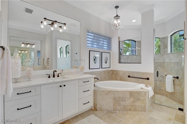 full bath with visible vents, a garden tub, crown molding, vanity, and a shower stall