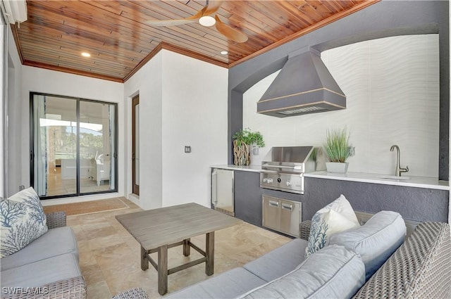 living area with ceiling fan, recessed lighting, wood ceiling, and crown molding