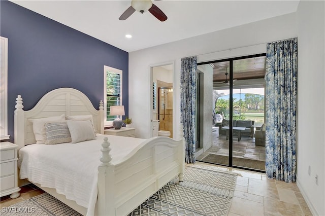 bedroom with access to exterior, stone tile floors, a ceiling fan, connected bathroom, and baseboards