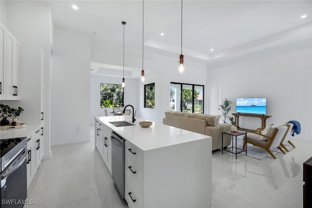 kitchen with a tray ceiling, a kitchen island with sink, stainless steel appliances, a sink, and marble finish floor