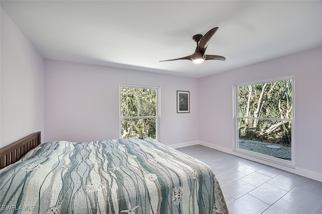 bedroom with a ceiling fan and baseboards