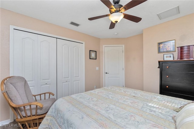 bedroom featuring a closet, visible vents, and a ceiling fan