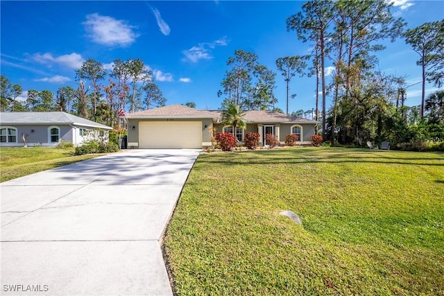 single story home featuring a front yard, concrete driveway, an attached garage, and stucco siding