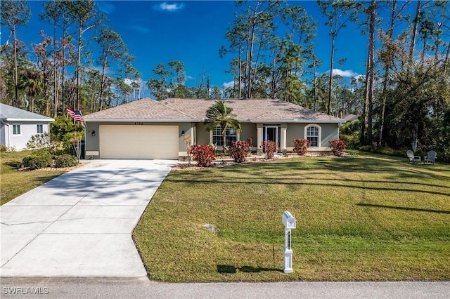 ranch-style house with a garage, driveway, a front yard, and stucco siding