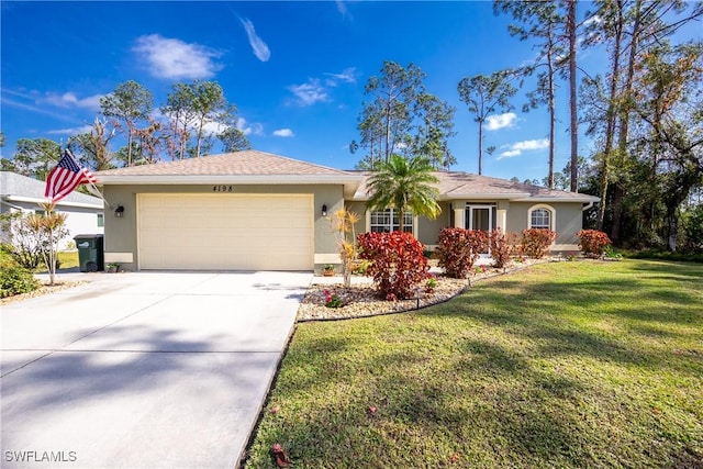 single story home with a garage, driveway, a front yard, and stucco siding