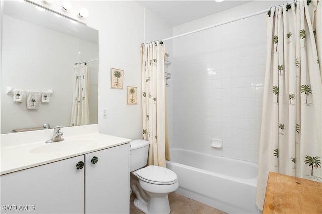 bathroom featuring vanity, toilet, shower / tub combo, and tile patterned flooring